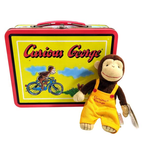 VTG 1997 Curious George Lunch Box Series Bike Tin Lunchbox & Mini Plush Figure - Picture 1 of 9